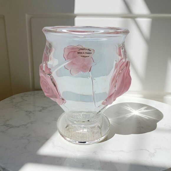 Vintage Teleflora Gifts Heavy Glass Flower Vase Featuring 3D Frosted Pink Rose D - Picture 4 of 13